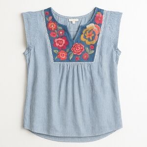💙 Andree by Unit Embroidered Floral Striped Sleeveless Cottage Blouse Cotton Ra